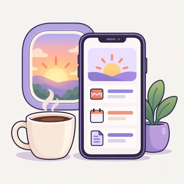 A phone showing a morning summary of mail, calendar and documents next to a sunrise and a cup of coffee