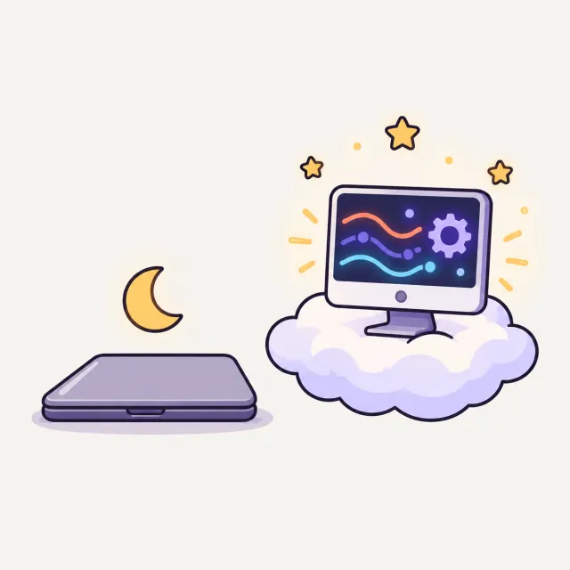 A closed laptop asleep under the moon while a computer on a cloud keeps working