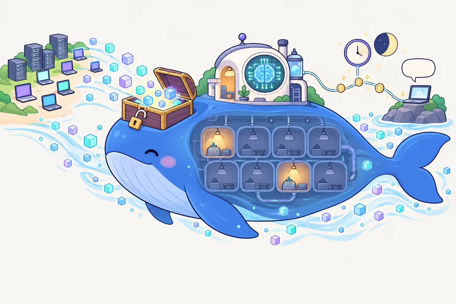 A blue whale with a small lab on its back gives model cubes away from an open chest to many computers, and sends answers through one cable to a laptop