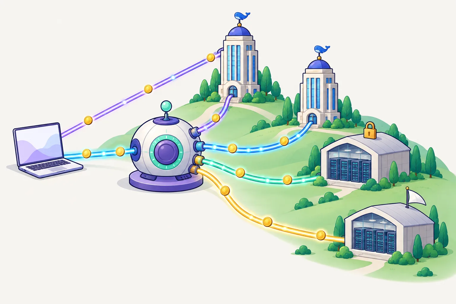 Lines from a laptop pass through a hub in the middle and split to four buildings, while one line skips the hub and goes straight to the whale tower