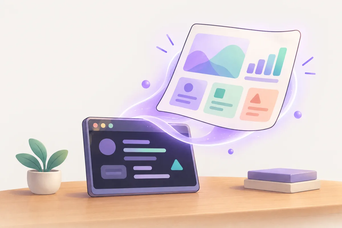 A terminal window lifts a glowing page with charts and cards into the air.
