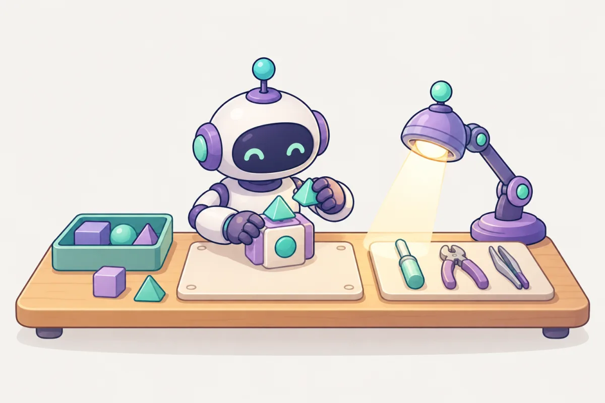 A robot working at a bench while a purple lantern checks each tool, showing a classifier reviewing actions in the background.