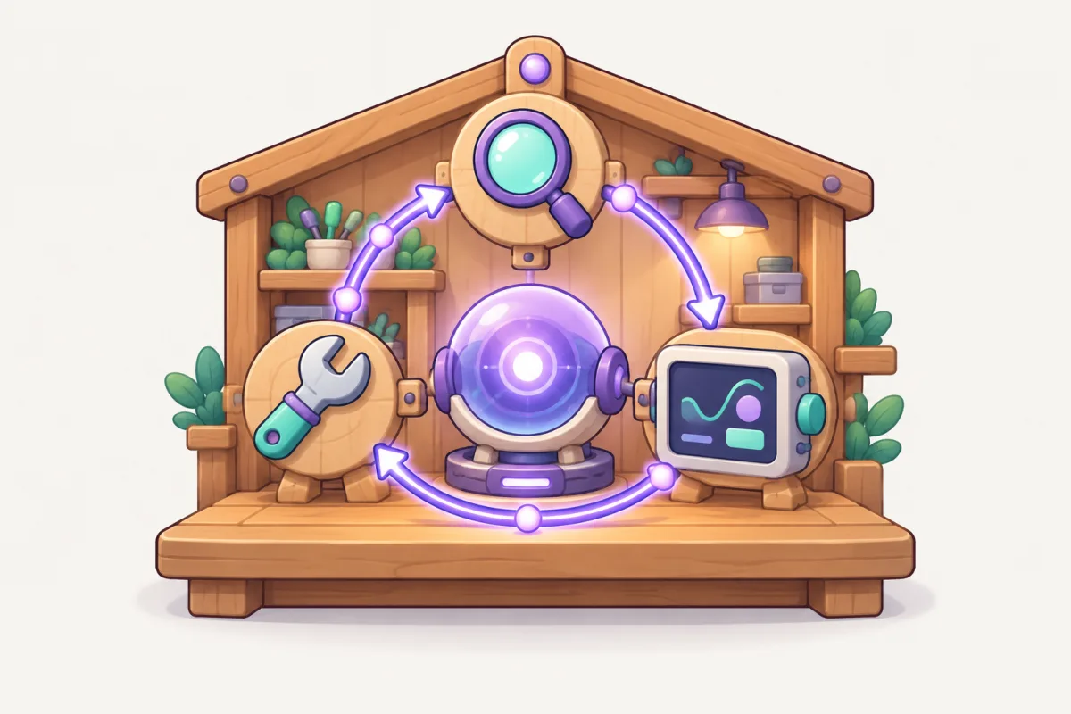 A glowing purple orb sits in a workshop frame with a magnifier, a wrench and a terminal box joined by a loop arrow.