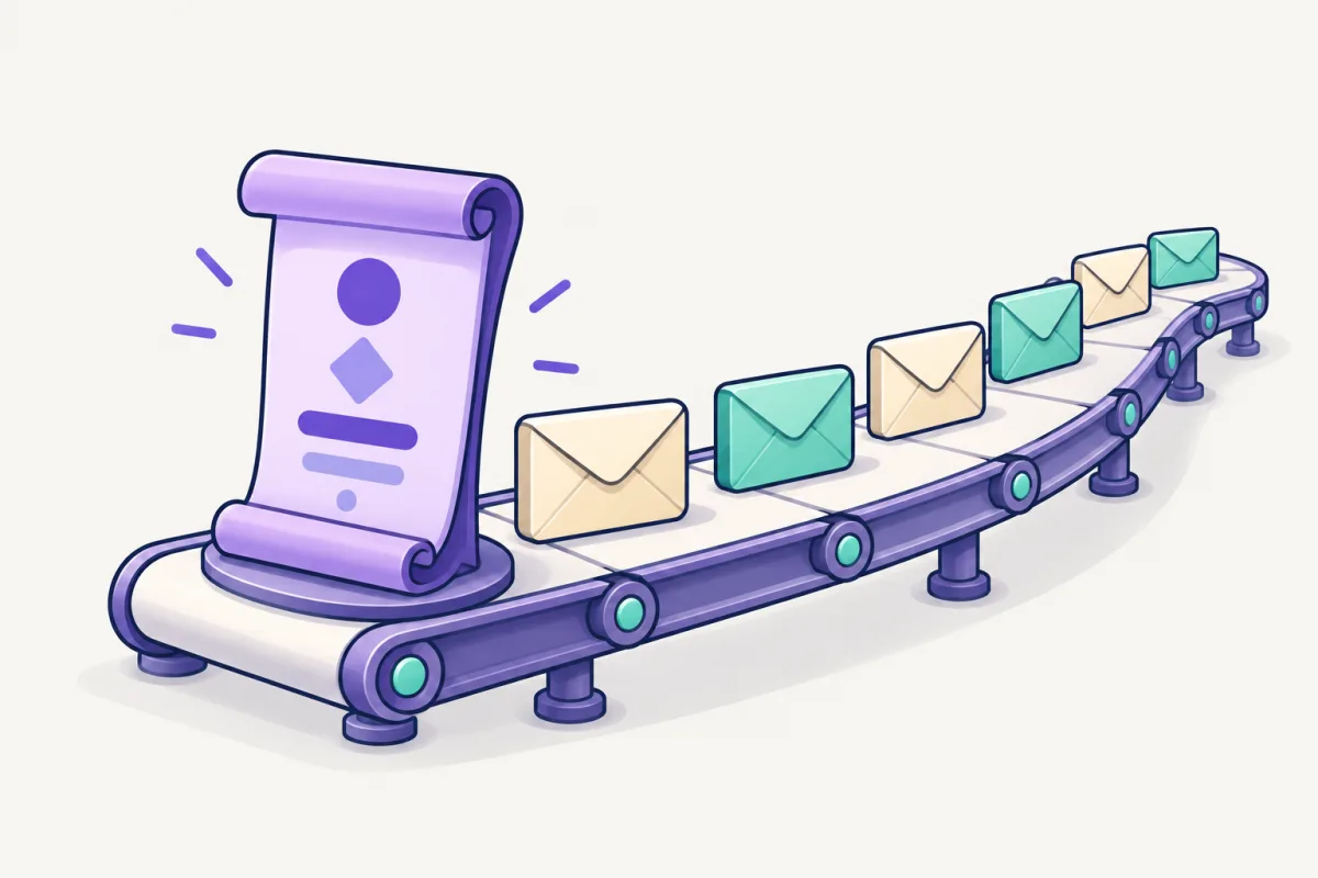 A purple instruction scroll stands at the front of a conveyor belt, placed before every message envelope.