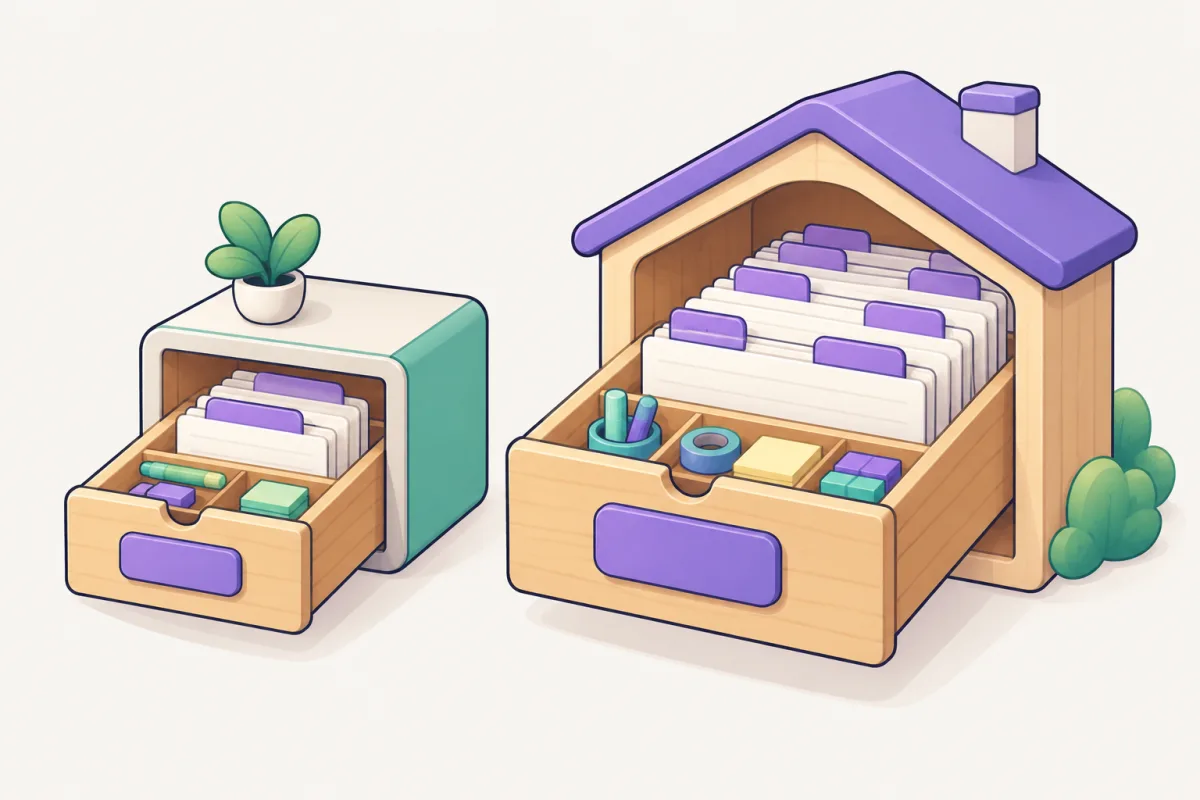 Two neat drawers, one in a project box and one at home, showing project and personal Claude Code configuration folders.