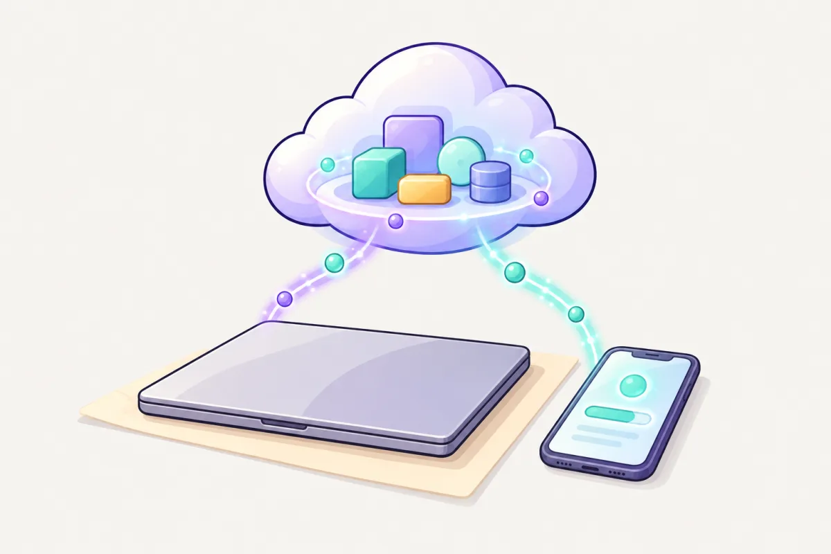 A purple cloud holds a small glowing workbench above a closed laptop, with a phone nearby showing progress.