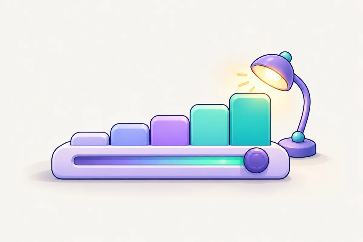 A purple slider dial with five steps sits beside a lamp that glows brighter at higher steps.
