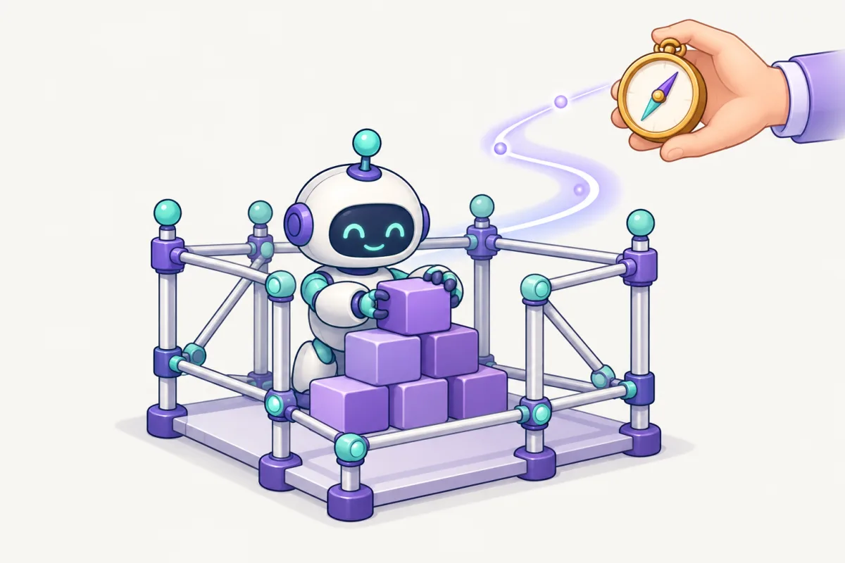 A small robot stacks purple blocks inside a scaffold of guide rails while a distant hand holds a compass.