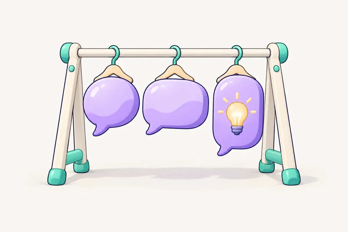 Purple speech bubbles of different shapes hang on a rack like outfits waiting to be chosen.