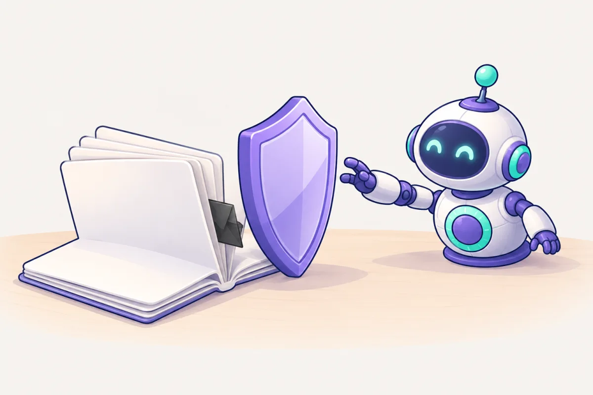 A purple shield stands between a document with a hidden dark note and a small robot's hand.