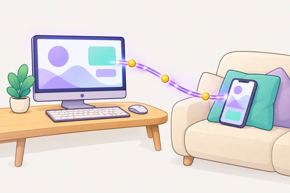 A glowing desktop computer is linked by a purple thread to a phone resting on a sofa cushion.