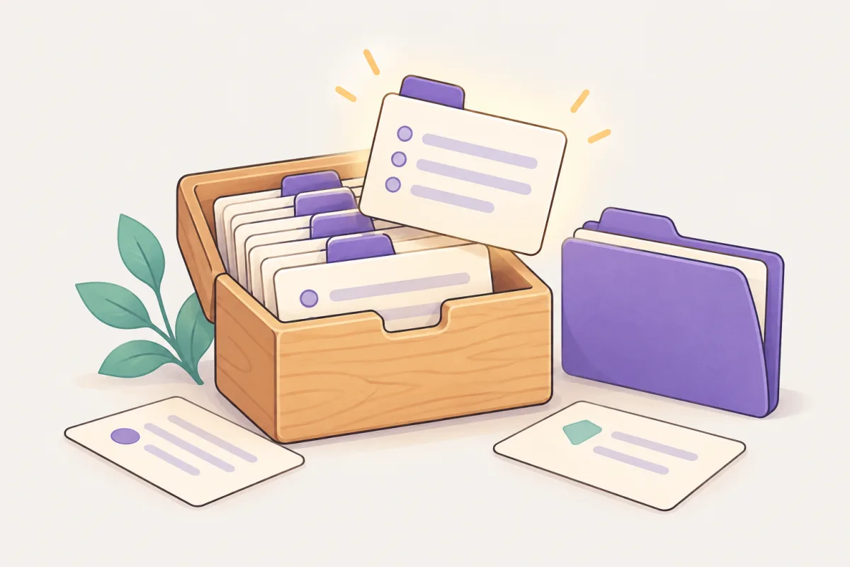 A recipe box of tabbed index cards with one card lifted out, showing separate rule files loaded one at a time.