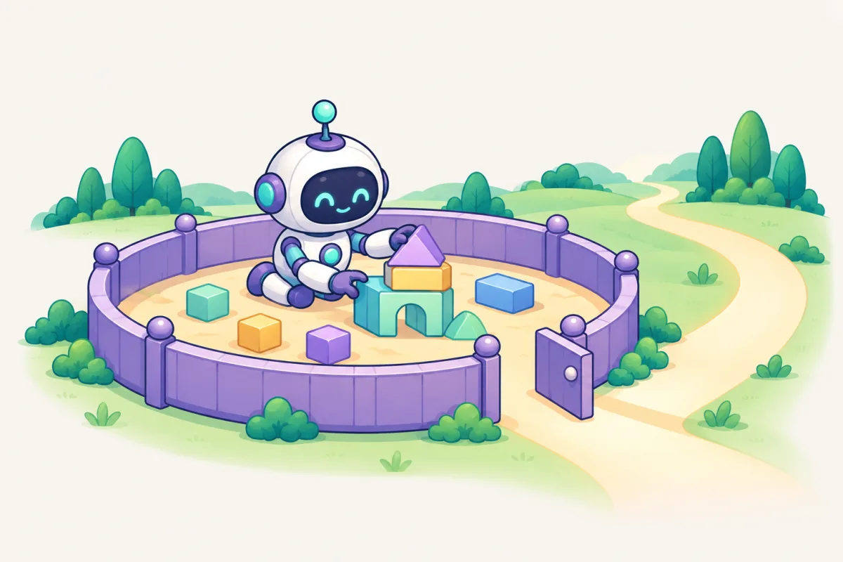 A robot playing inside a round purple fence with one narrow gate, showing commands kept inside a set boundary.