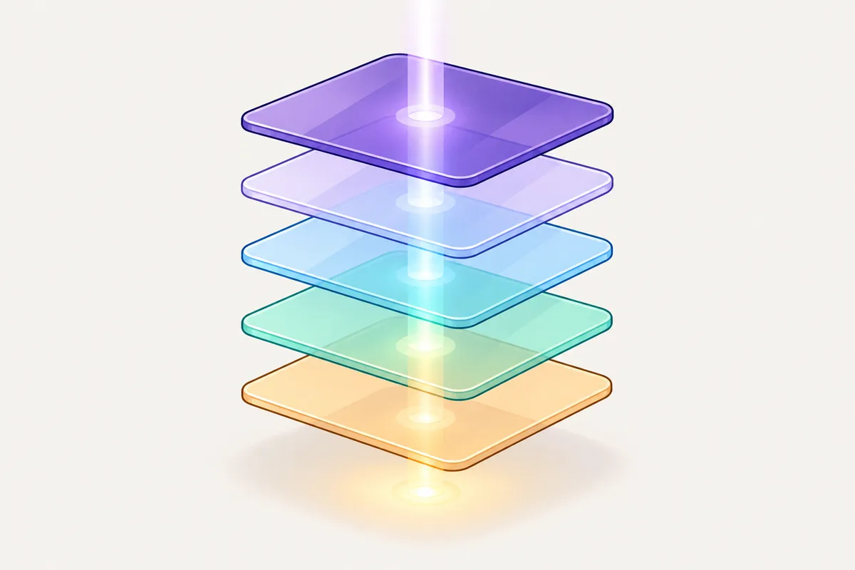 Stacked colored glass sheets with the purple one on top, showing how higher settings layers cover lower ones.
