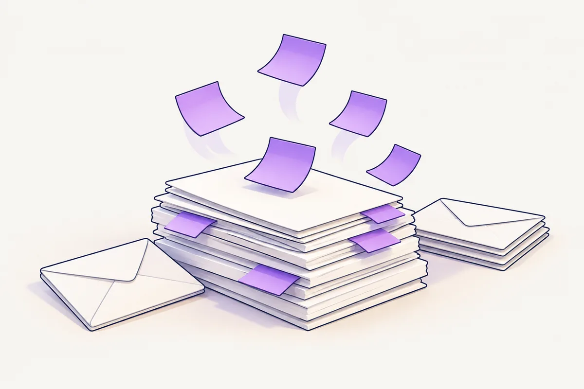 Purple sticky notes drift into a stack of letters on a desk, tucked between them as hints.