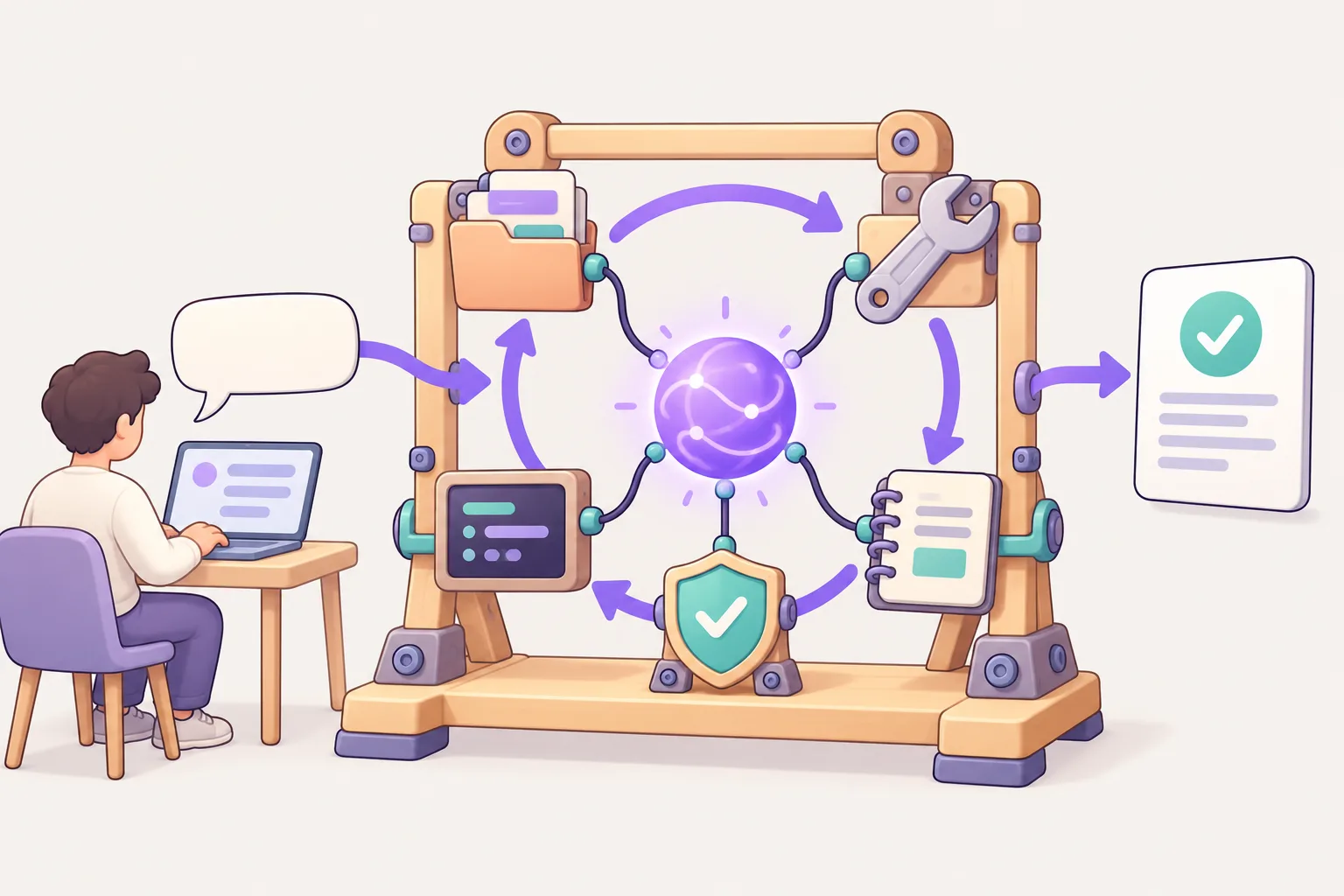 A purple orb (the model) floats inside a workbench frame in the middle; a round arrow loops through the files, wrench, terminal, permission gate and notebook fixed to the frame. A person sends a speech bubble from the left and a finished card comes out on the right