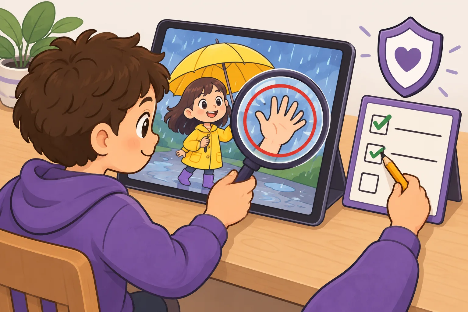 A child looks at a generated picture of a girl with a yellow umbrella on a tablet. A magnifying glass shows the girl has six fingers, circled in red. Next to the tablet is a checklist with check boxes and a shield icon.