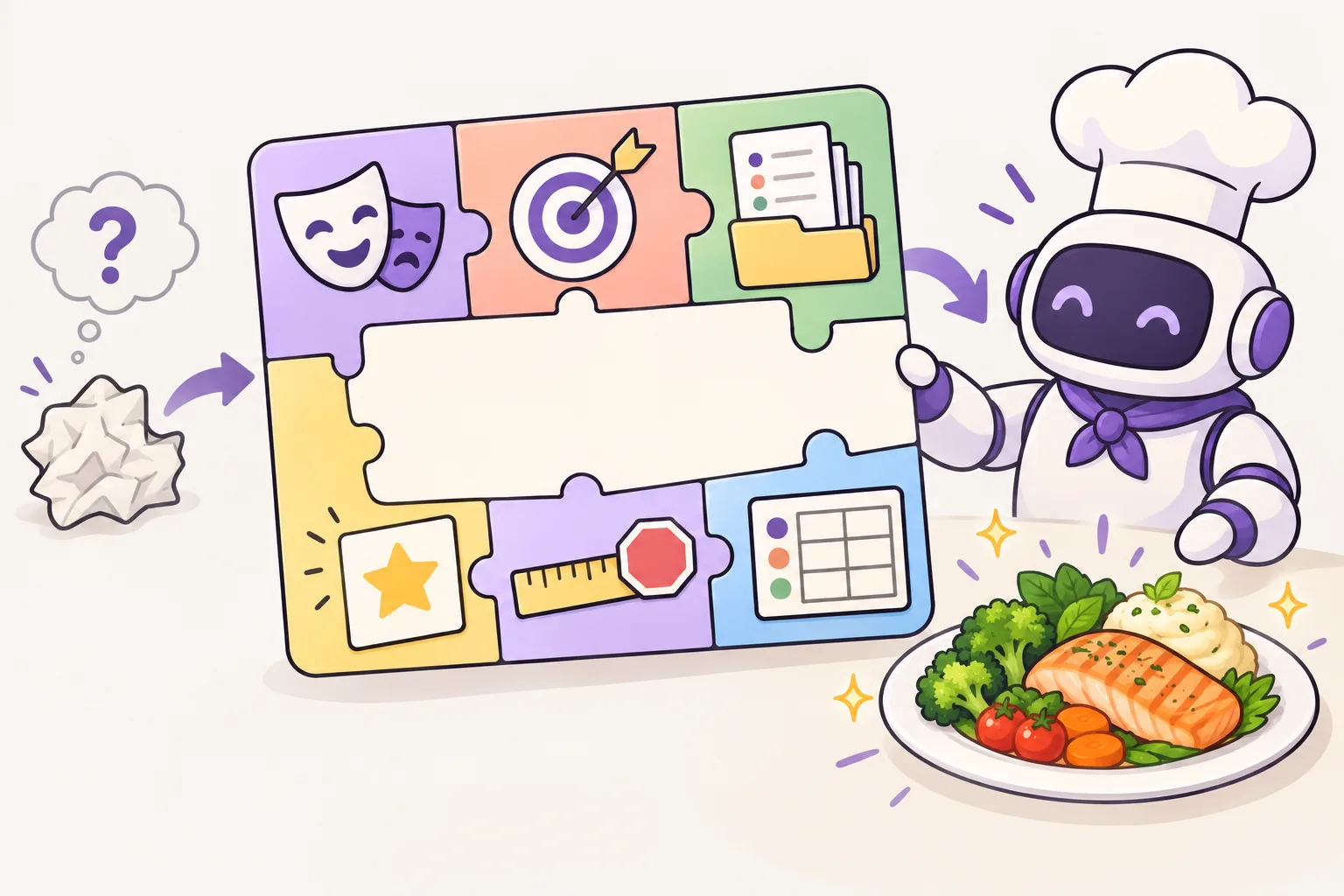 Six puzzle pieces with icons — a theatre mask, a target, a folder, a star sample, a ruler with a stop sign and a table — fit into a recipe card. A robot chef takes the finished card and serves a neat plate, while a crumpled note with a question mark lies to the side.
