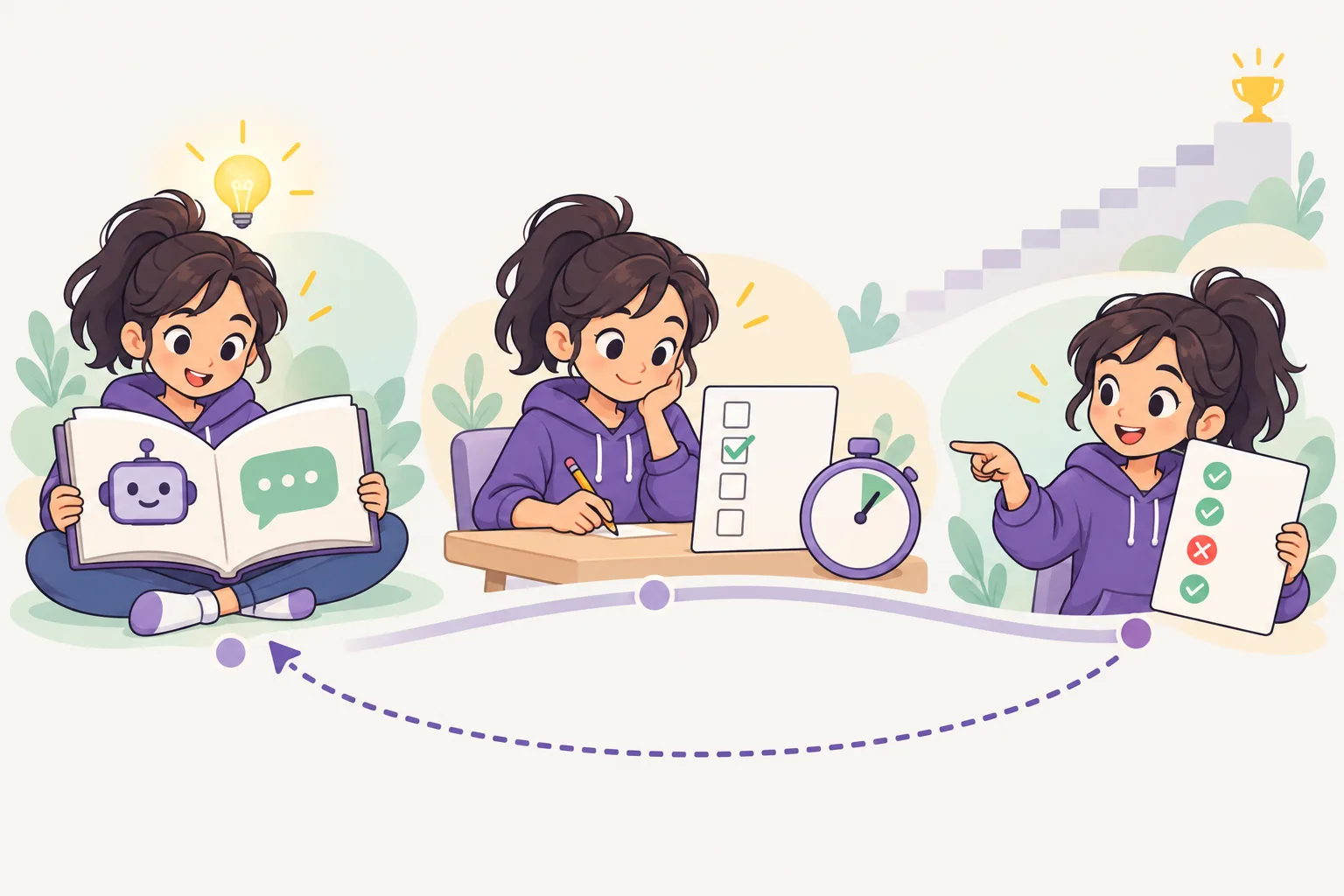 A learner reads an open book under a glowing lightbulb, answers a quiz card next to a stopwatch, then looks at a results sheet and follows a dotted arrow back to the book; a small staircase with a trophy stands in the background.