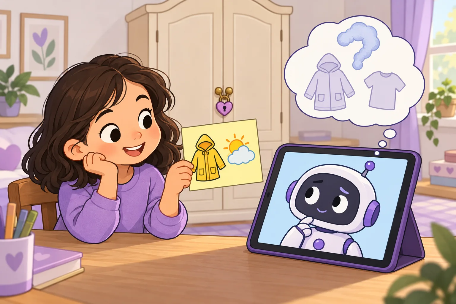 A child talks to a puzzled robot on a tablet. The wardrobe behind the child is closed, so the robot cannot see inside. The child holds up a note showing a raincoat and the weather.