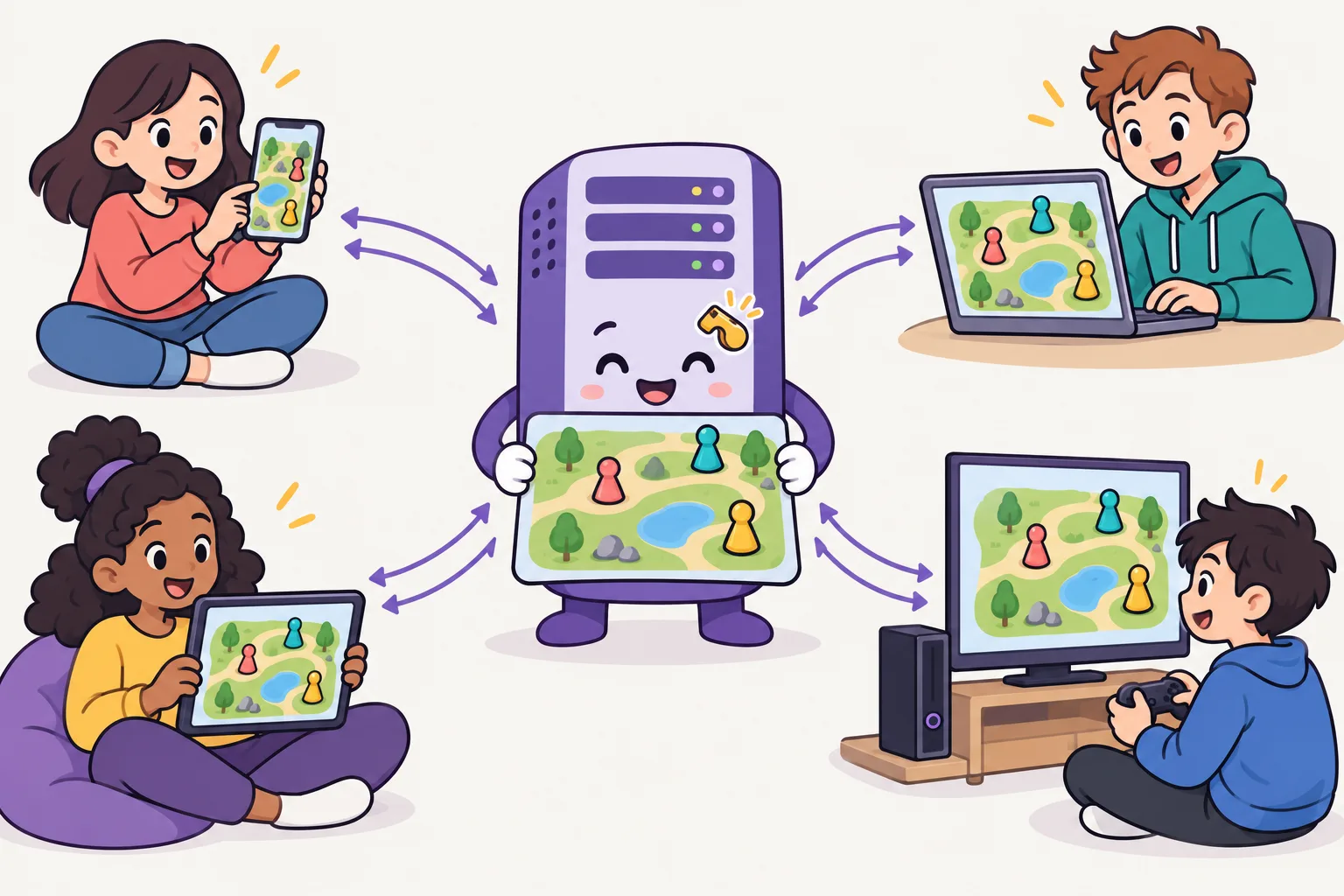 A server tower in the middle holds one shared game board with three player tokens; a phone, a laptop, a tablet and a game console around it send moves to the server and receive the same board back.