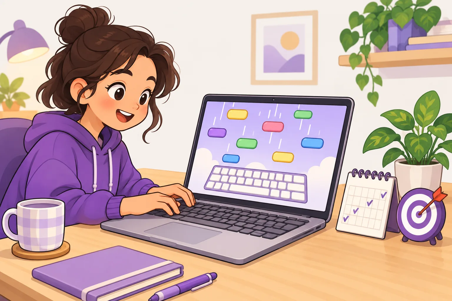 A teenager plays a typing game on a laptop with word bubbles falling toward the keyboard, next to a calendar with ticked days and a target with an arrow in the center.