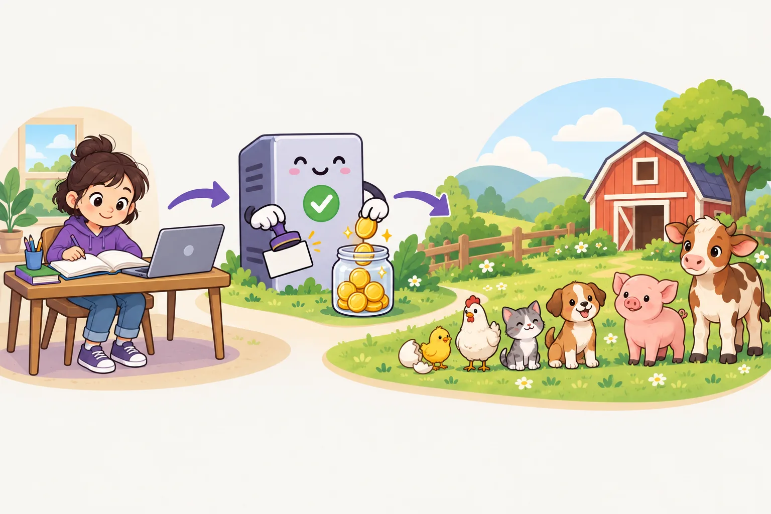 A child studies at a desk with a book and a laptop, a server with a check mark stamps a record card and drops coins into a jar, and a small farm grows from an egg to a chick, a hen, a kitten, a puppy, a piglet and a calf.