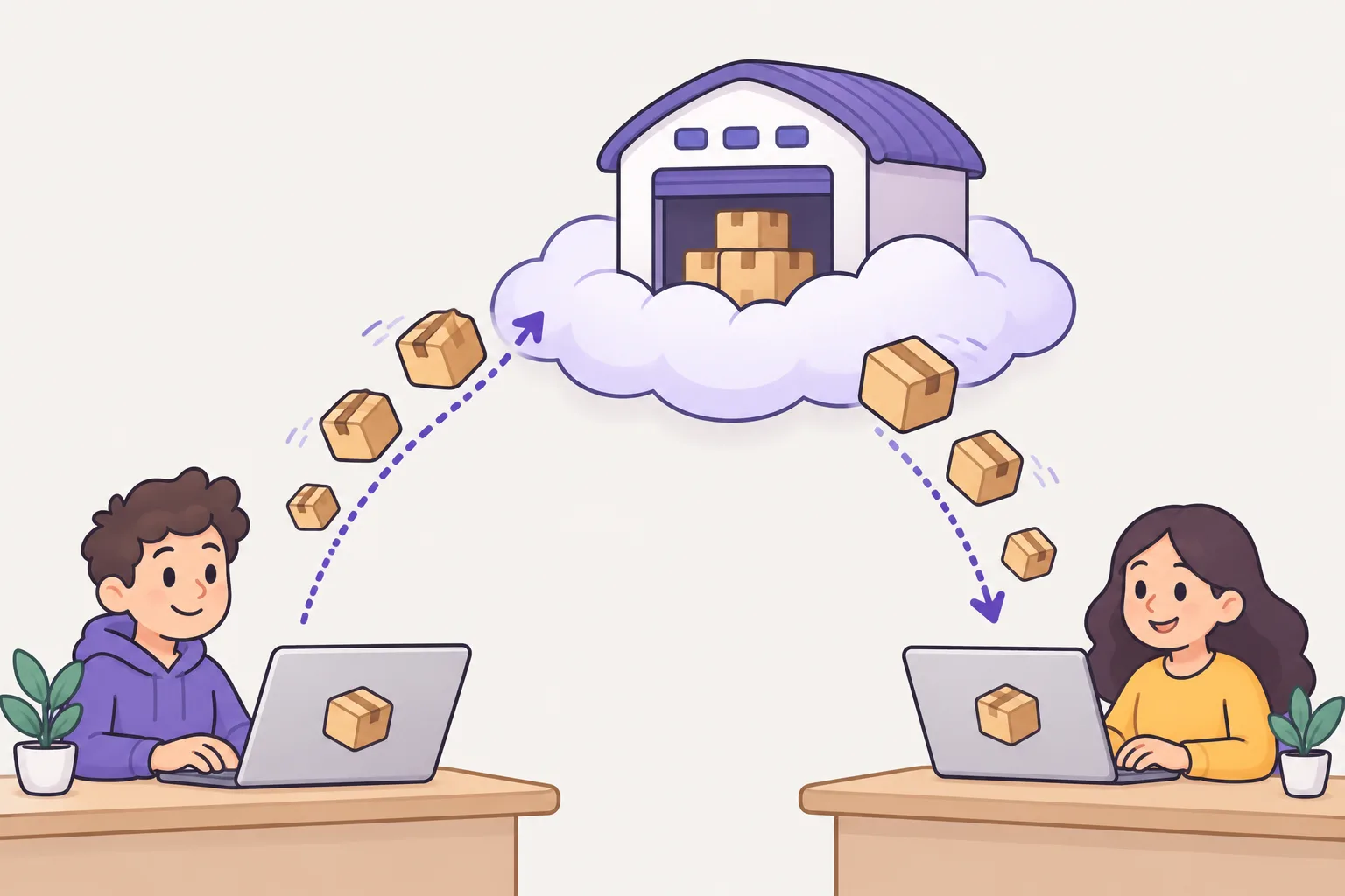 A laptop on a desk sends boxes up to a warehouse on a cloud, and other boxes come down from the warehouse to the laptop.