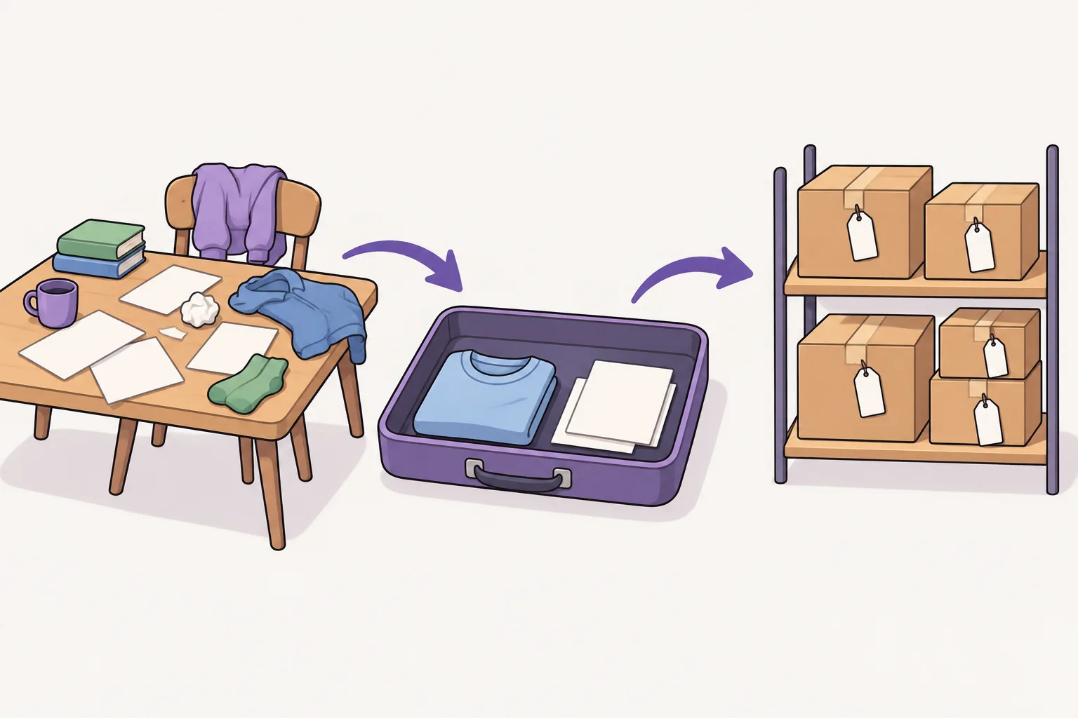 A messy desk with papers and clothes on the left, an open suitcase in the middle holding a few neatly chosen items, and a shelf of sealed, labeled boxes on the right, with arrows between them.