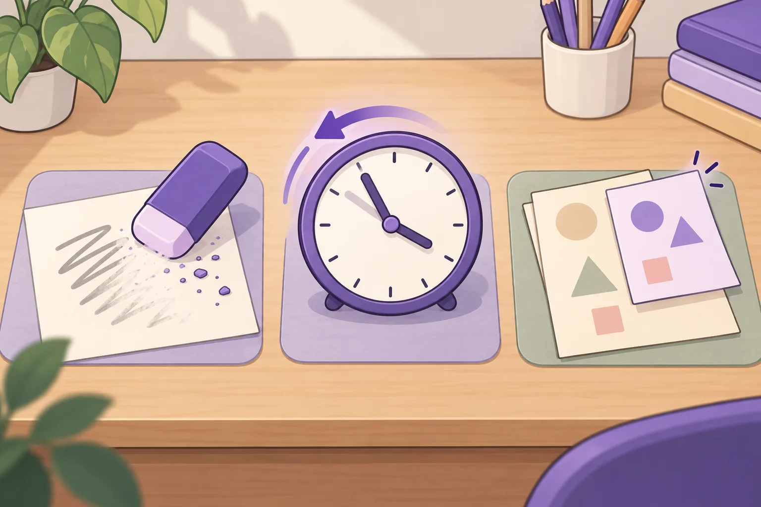 Three tools side by side: an eraser rubbing out pencil marks, a clock with its hands turning backward, and a new page with a correction sticker laid over an old page.