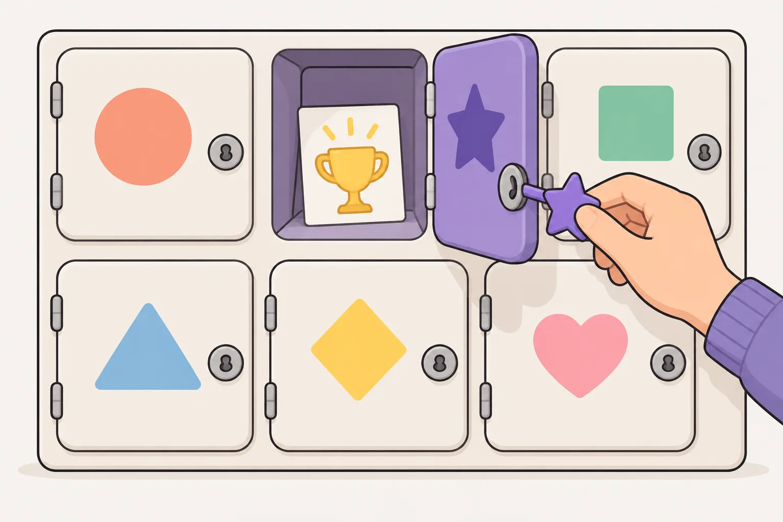 A wall of small lockers with different label shapes; a hand with a star-shaped key opens the star locker, which holds a trophy card.