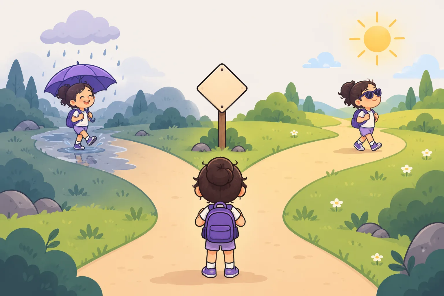 A child with a backpack at a fork in the road: one path leads into rain with an umbrella, the other into sunshine.
