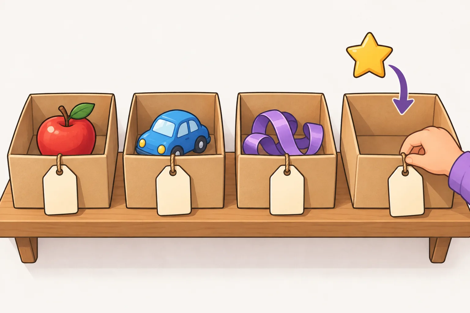 Boxes on a shelf, each with a blank name tag, holding an apple, a toy car and a ribbon; a star drops into the empty fourth box while a hand holds its tag.
