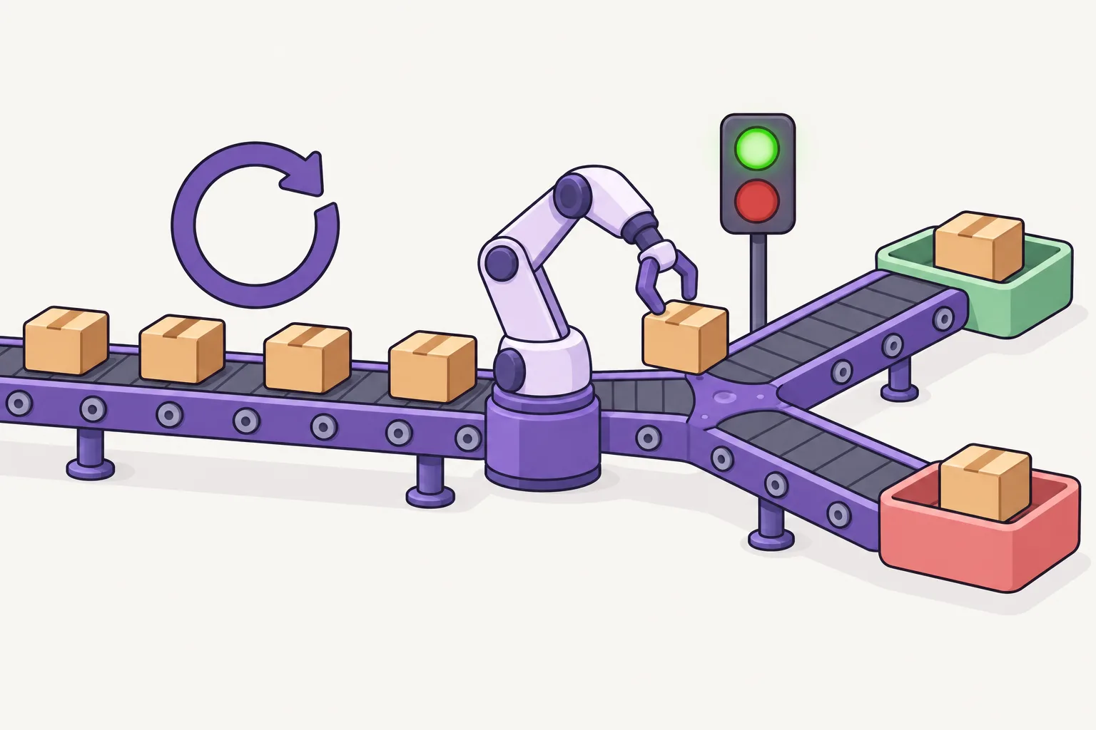 A conveyor belt carries file boxes one by one to a robot arm; at a fork in the belt, each box goes left or right depending on a check light.