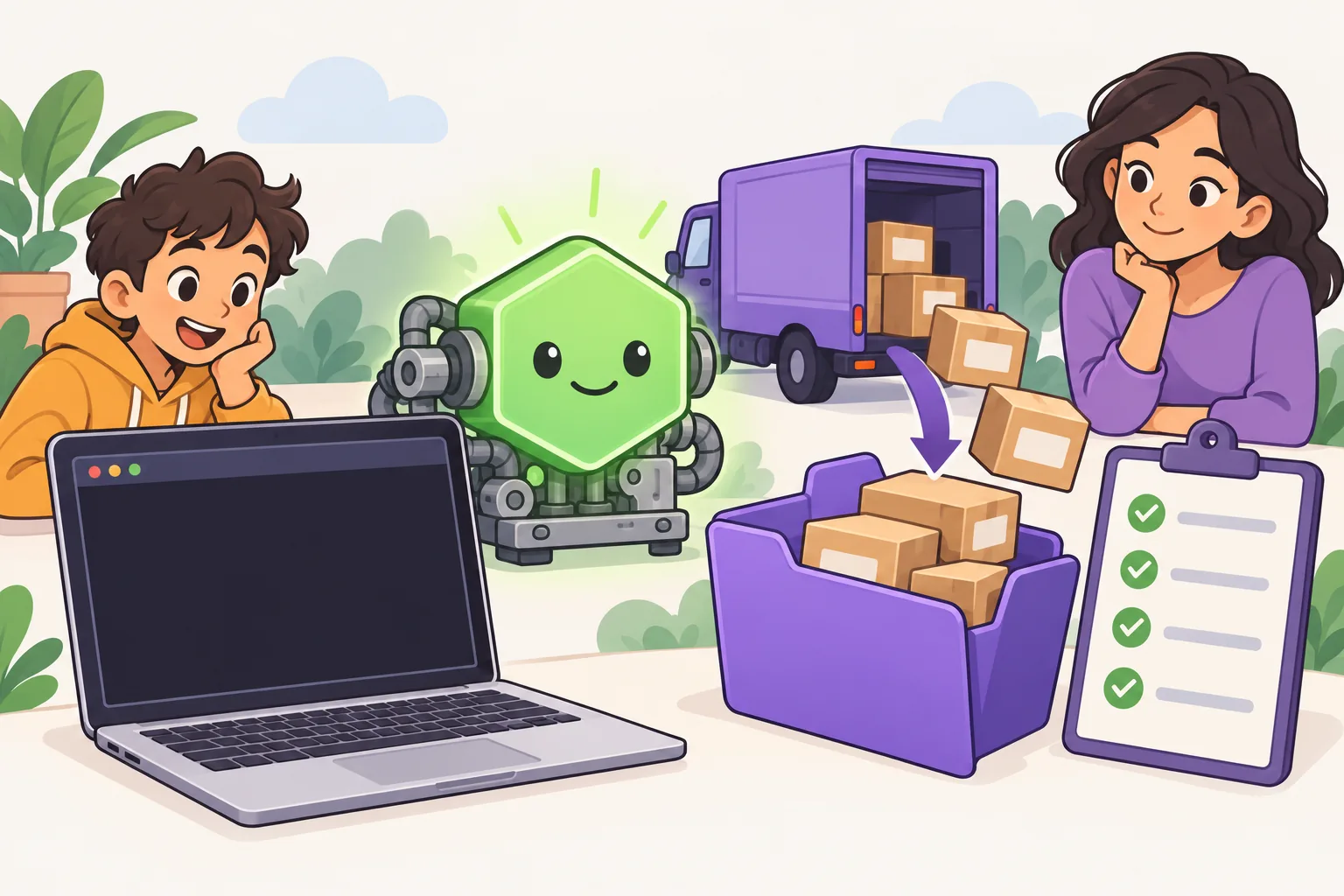 A laptop terminal with a green hexagon engine; a delivery truck brings labelled packages into a project folder, next to a checklist sheet.