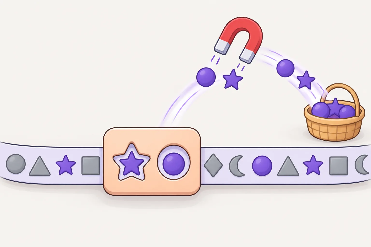 A long ribbon of mixed shapes runs under a stencil card with a star and a circle cut out; the matching purple stars and circles light up, and a magnet lifts them in an arc into a basket while the grey shapes stay behind.