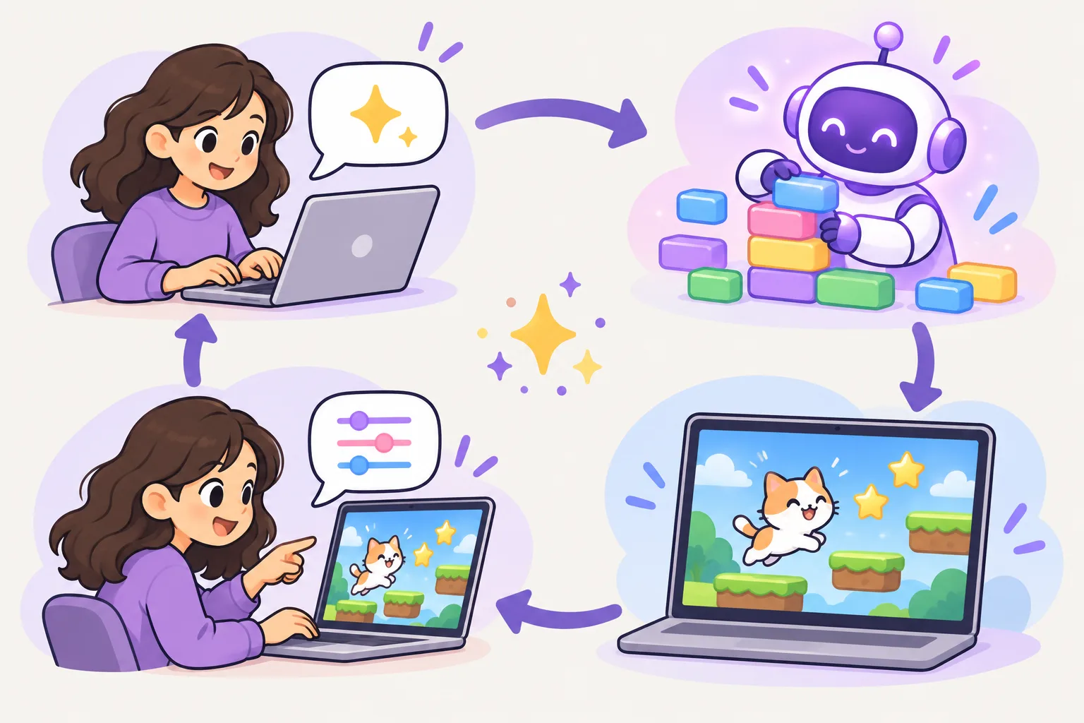 A circle of four steps: a person types a wish into a chat bubble, a friendly AI helper puts together colorful blocks, a preview screen shows a small cat-and-stars game, and the person types a small change again.