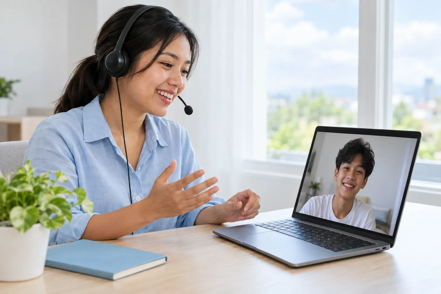 An English teacher giving a 1:1 video lesson at a desk by the window