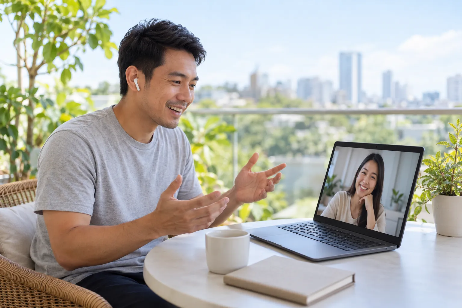 A teacher giving a video lesson on a bright balcony