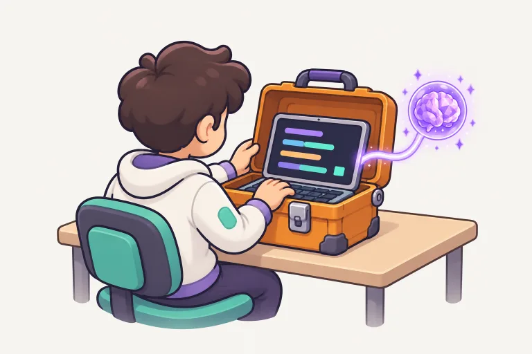 A person holds an open toolbox; a terminal window rises from it and connects to a small glowing AI orb