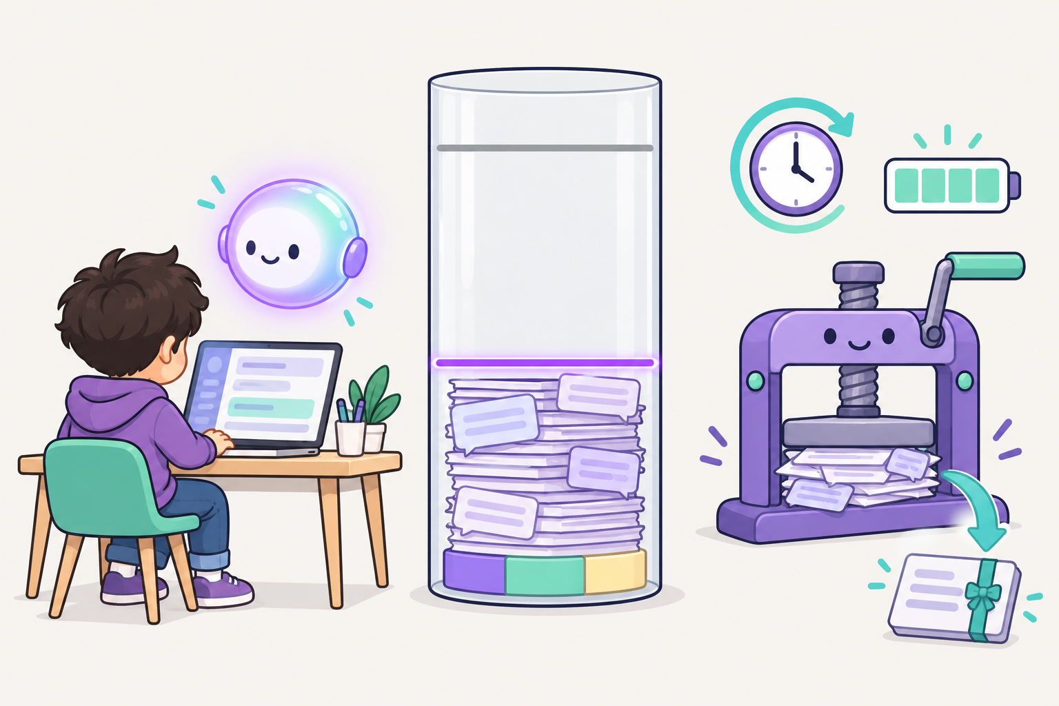 A student at a desk with the glowing AI orb; in the middle a tall glass with a thin base of colored blocks and a growing pile of chat papers that has reached a glowing purple line far below the top; on the right a press squeezing papers into one small summary card, a clock with a refresh arrow and a well-filled battery