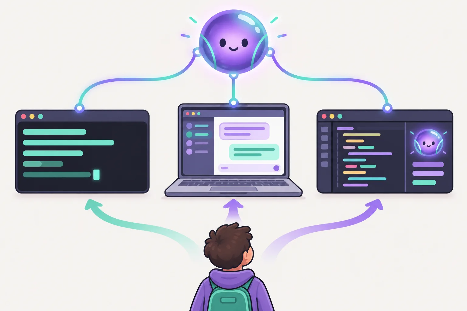 In front of a student, three paths lead to a terminal window, a desktop app on a laptop and a side panel in a code editor, and all three screens are wired to the same glowing AI orb above